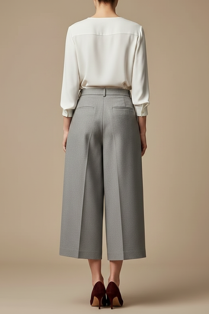 Pantalon À Pince Gris Plissé Ample Court Femme - Laine - vue 2