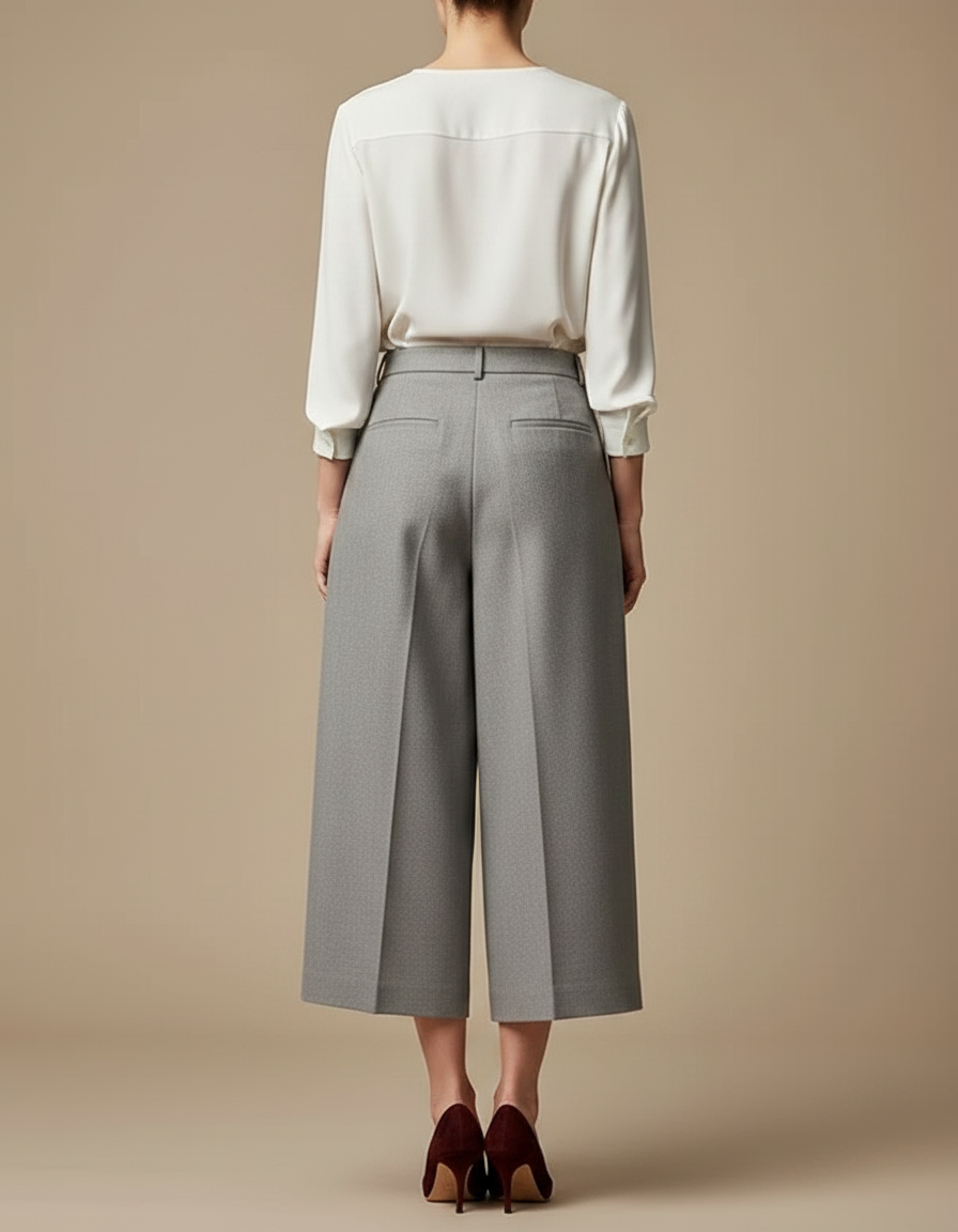 Pantalon À Pince Gris Plissé Ample Court Femme - Laine - vue 2