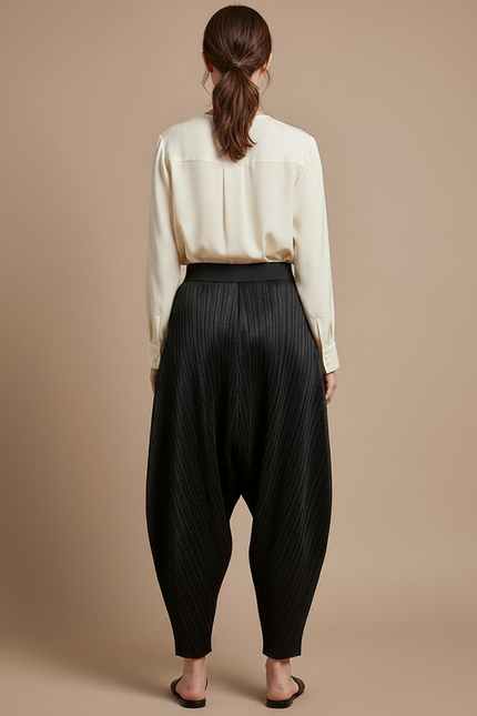 Pantalon À Pince Plissé Noir Ample Fluide Décontracté - Polyester - vue 2