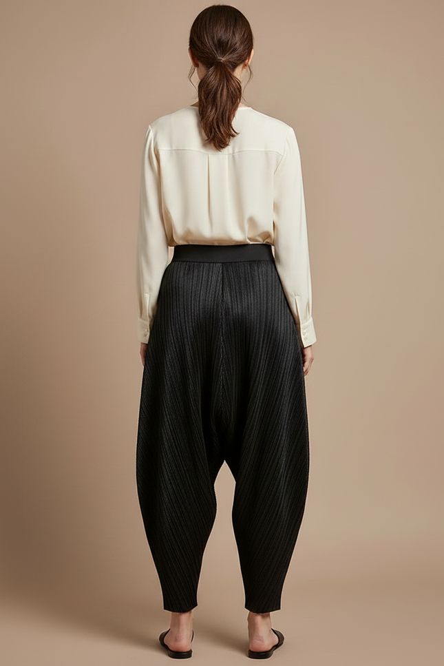 Pantalon À Pince Plissé Noir Ample Fluide Décontracté - Polyester - vue 2