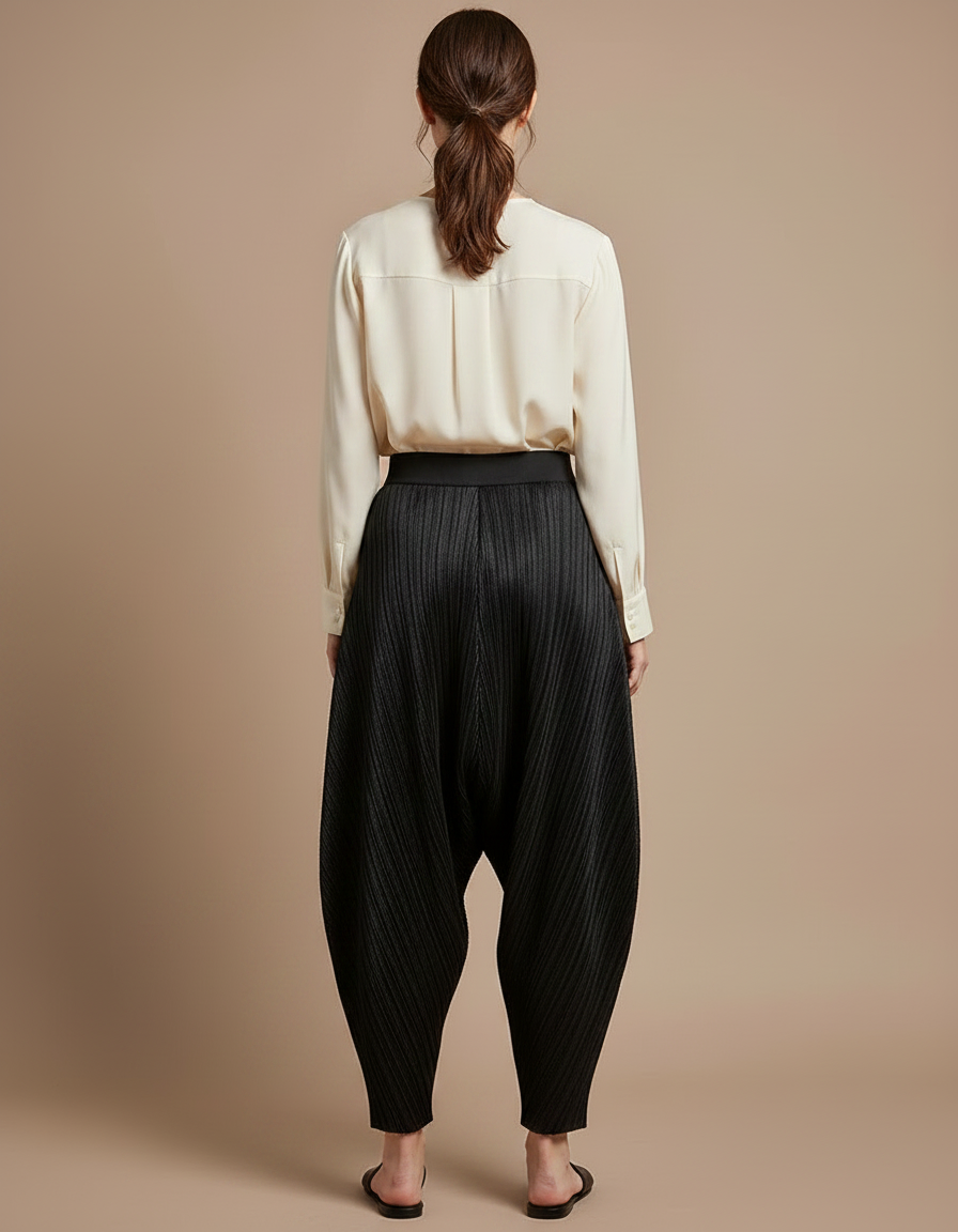 Pantalon À Pince Plissé Noir Ample Fluide Décontracté - Polyester - vue 2