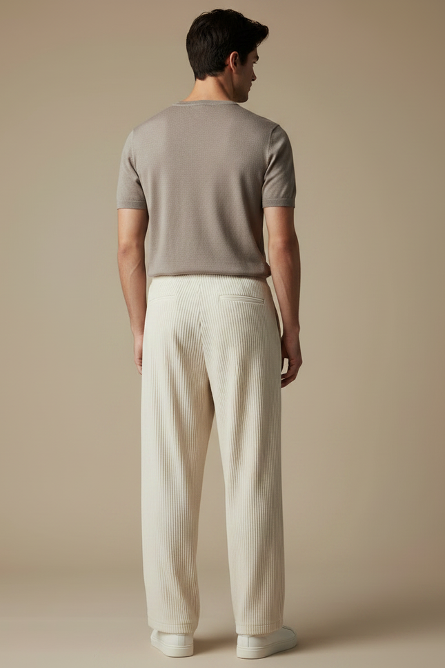 Pantalon À Pince Beige Côtelé Ample Fluide Homme - Cordé - vue 2