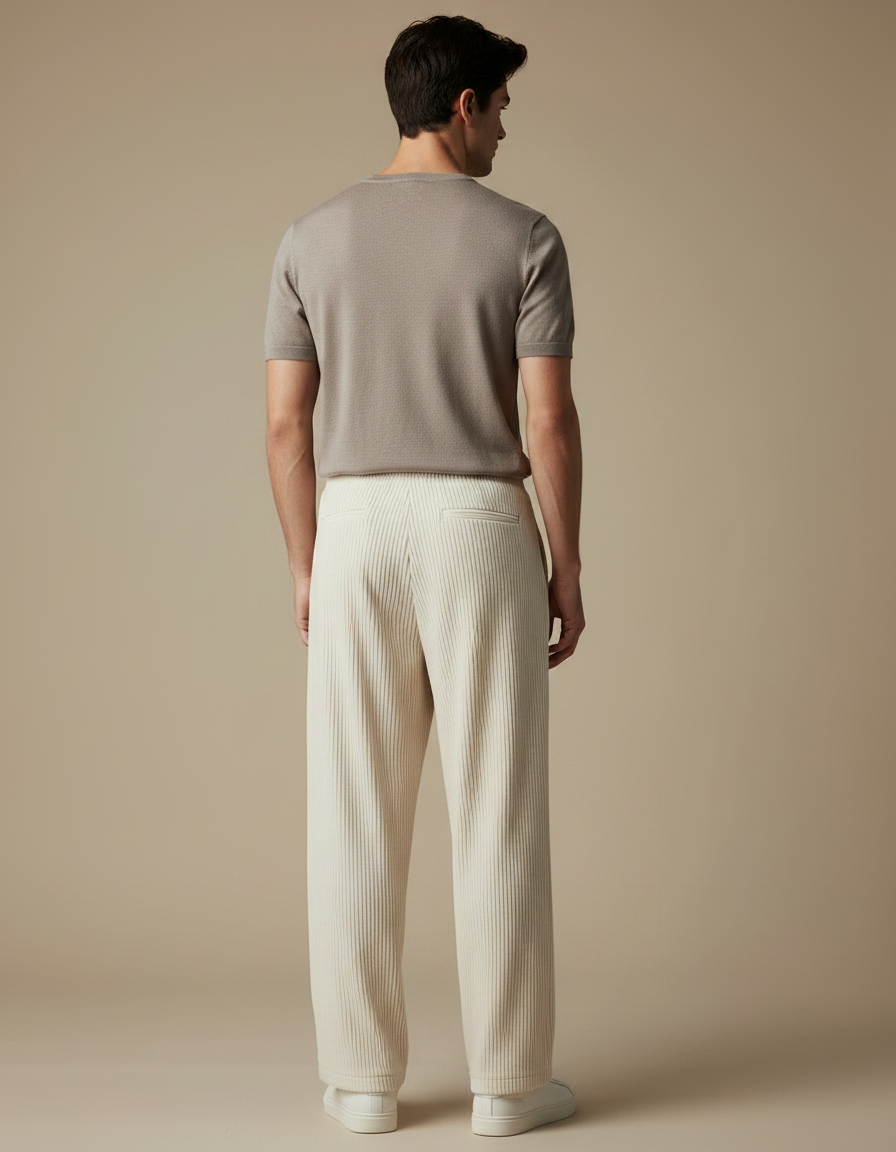 Pantalon À Pince Beige Côtelé Ample Fluide Homme - Cordé - vue 2