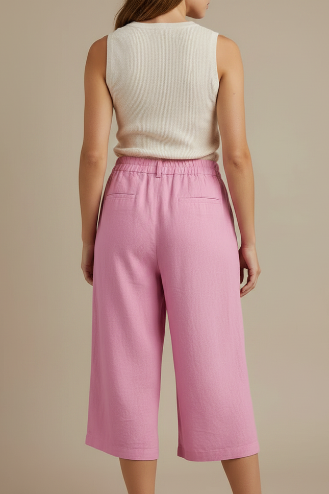 Pantalon À Pince Rose Coton Lin Ample Court Décontracté - vue 2