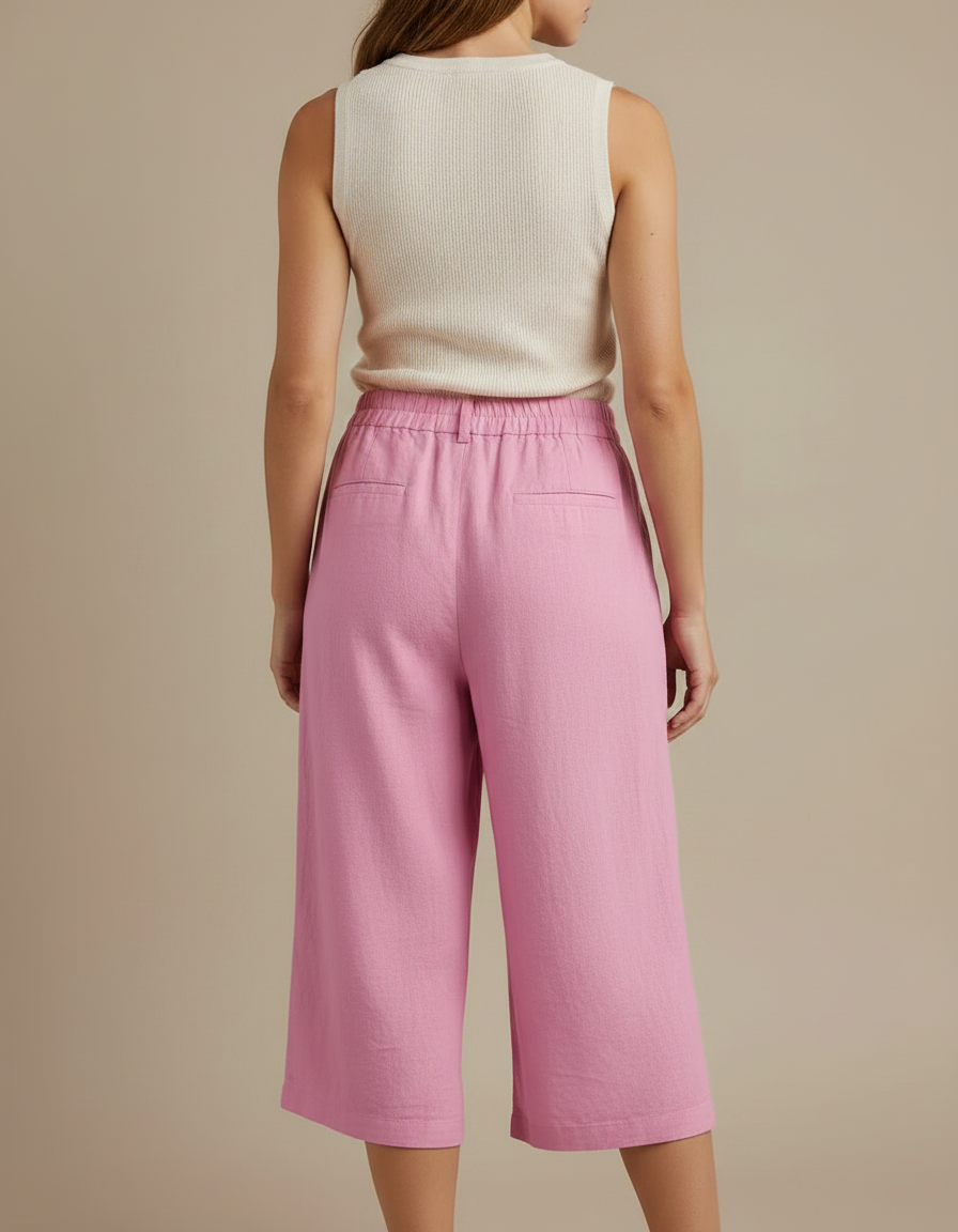 Pantalon À Pince Rose Coton Lin Ample Court Décontracté - vue 2