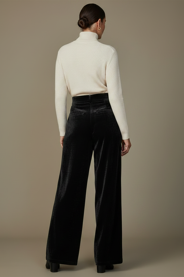 Pantalon À Pince Noir Velours Ample Élégant Taille Haute - vue 2