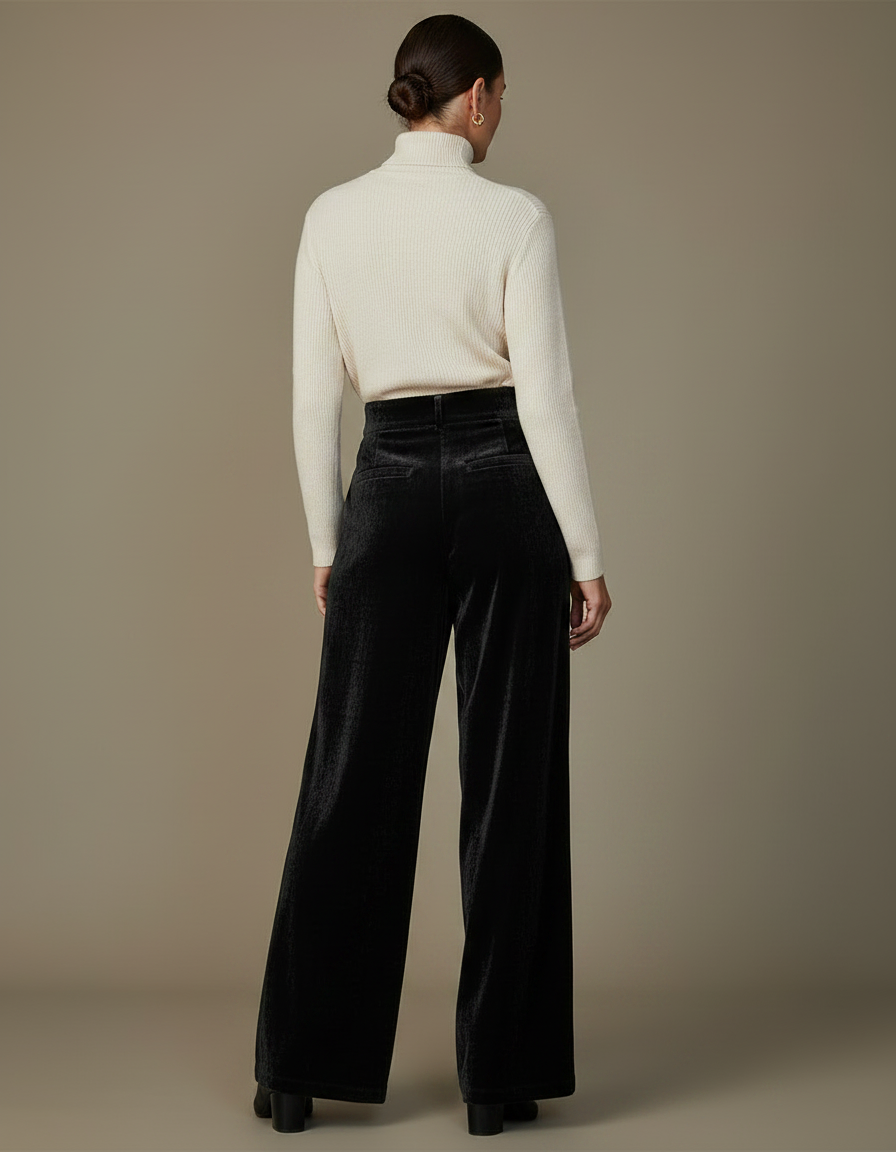 Pantalon À Pince Noir Velours Ample Élégant Taille Haute - vue 2