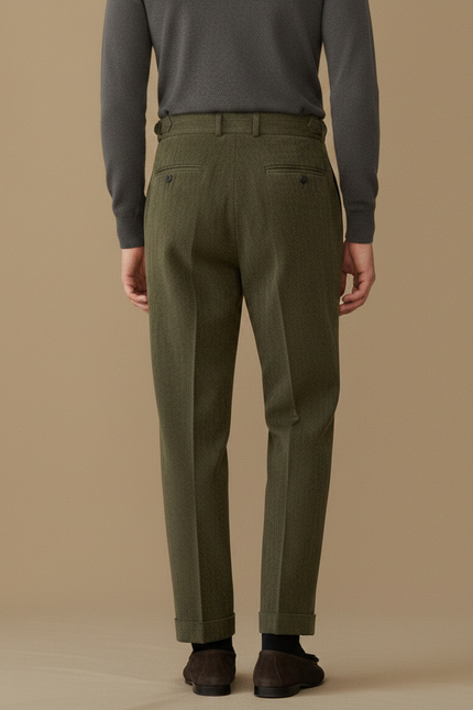 Pantalon À Pince Vert Olive Velours Côtelé Plissé Homme - Cordé - vue 2