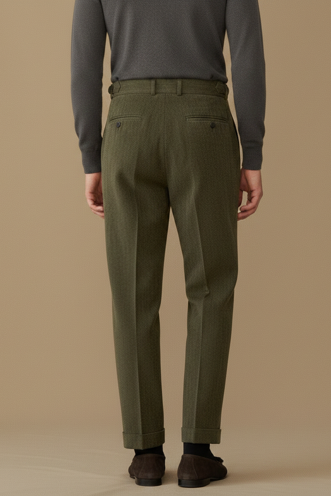 Pantalon À Pince Vert Olive Velours Côtelé Plissé Homme - Cordé - vue 2