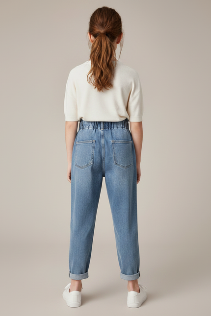 Pantalon À Pince Bleu Denim Taille Haute Fille - Jean - vue 2
