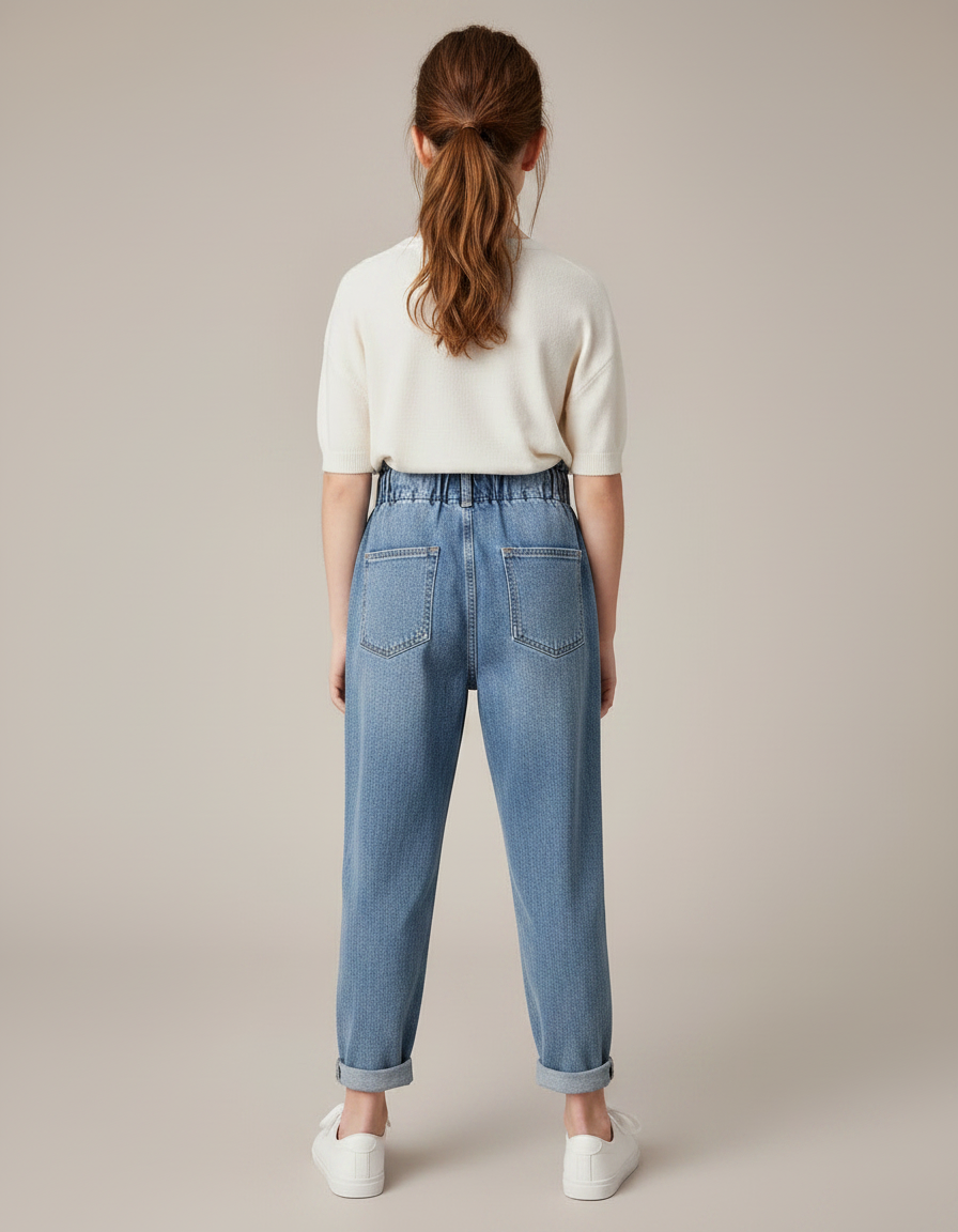 Pantalon À Pince Bleu Denim Taille Haute Fille - Jean - vue 2