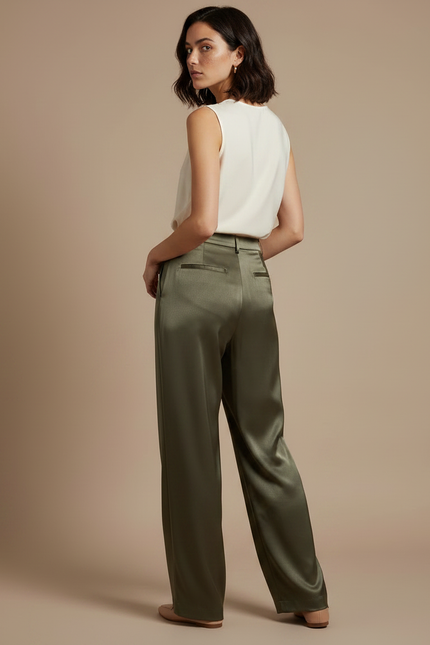 Pantalon À Pince Satiné Vert Kaki Ample Fluide Élégant - vue 2