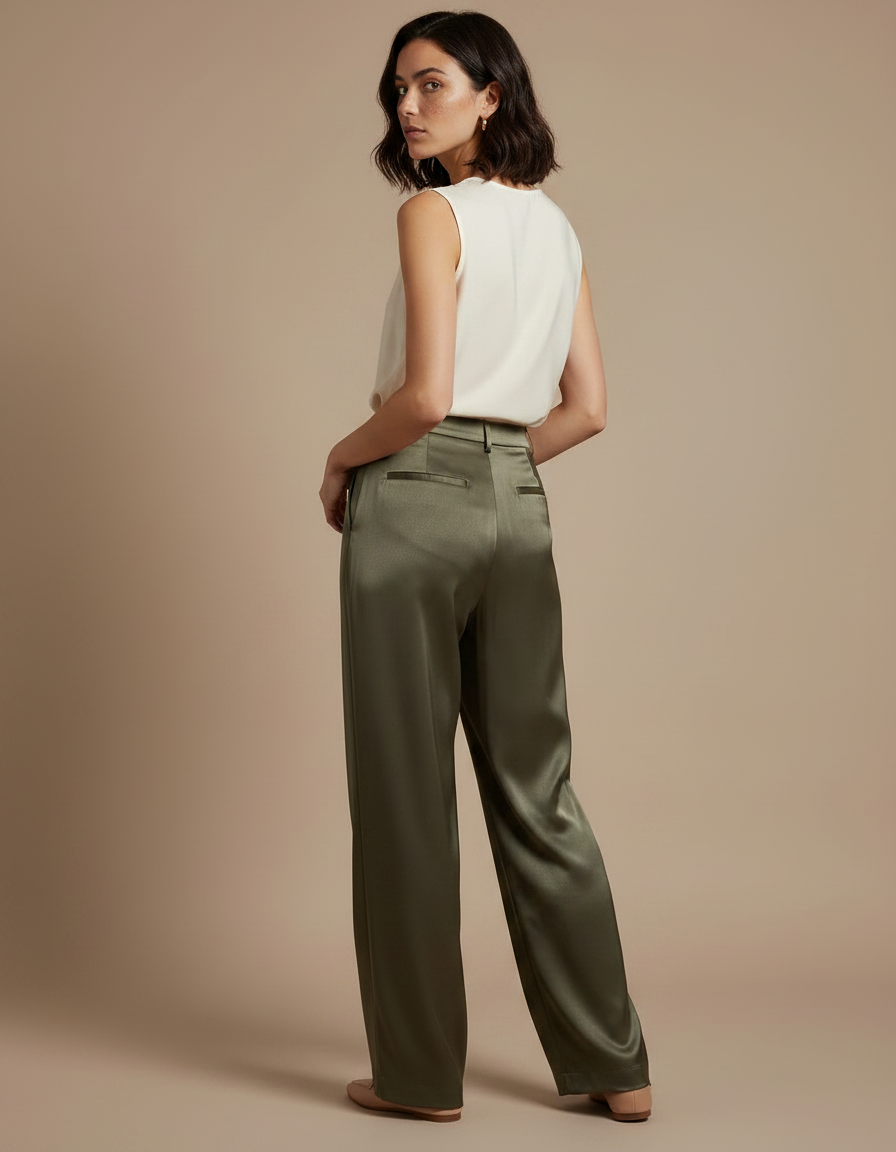 Pantalon À Pince Satiné Vert Kaki Ample Fluide Élégant - vue 2