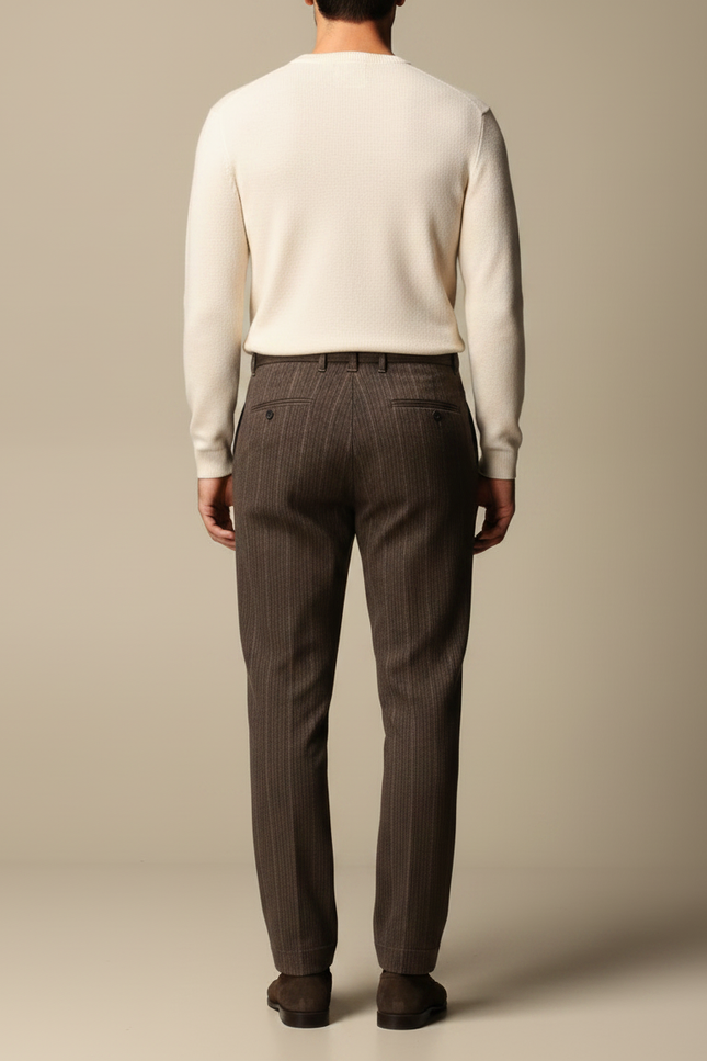 Pantalon À Pince Marron Rayé Laine Plissé Homme - vue 2
