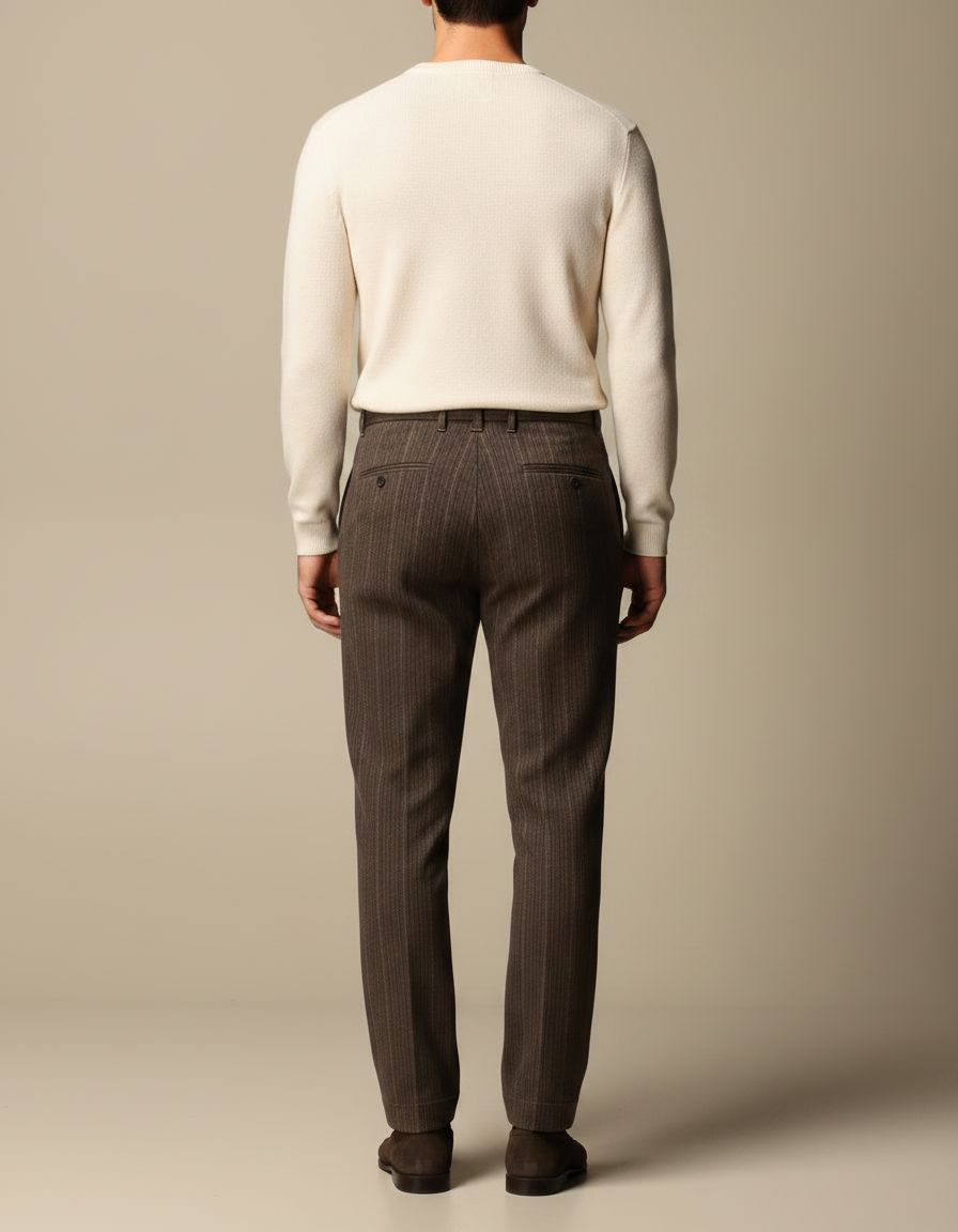 Pantalon À Pince Marron Rayé Laine Plissé Homme - vue 2