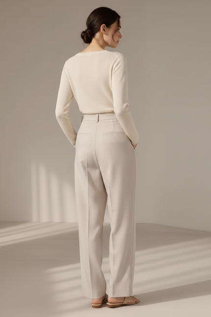 Pantalon À Pince Crème Droit Taille Haute Élégant - Beige Polyester - vue 2