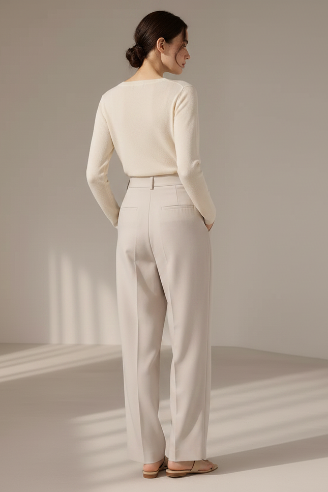 Pantalon À Pince Crème Droit Taille Haute Élégant - Beige Polyester - vue 2