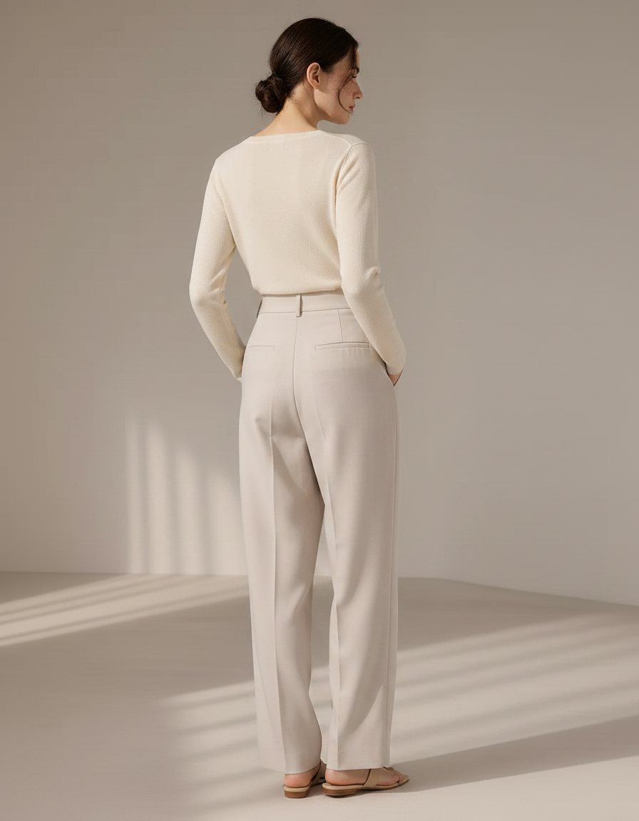 Pantalon À Pince Crème Droit Taille Haute Élégant - Beige Polyester - vue 2