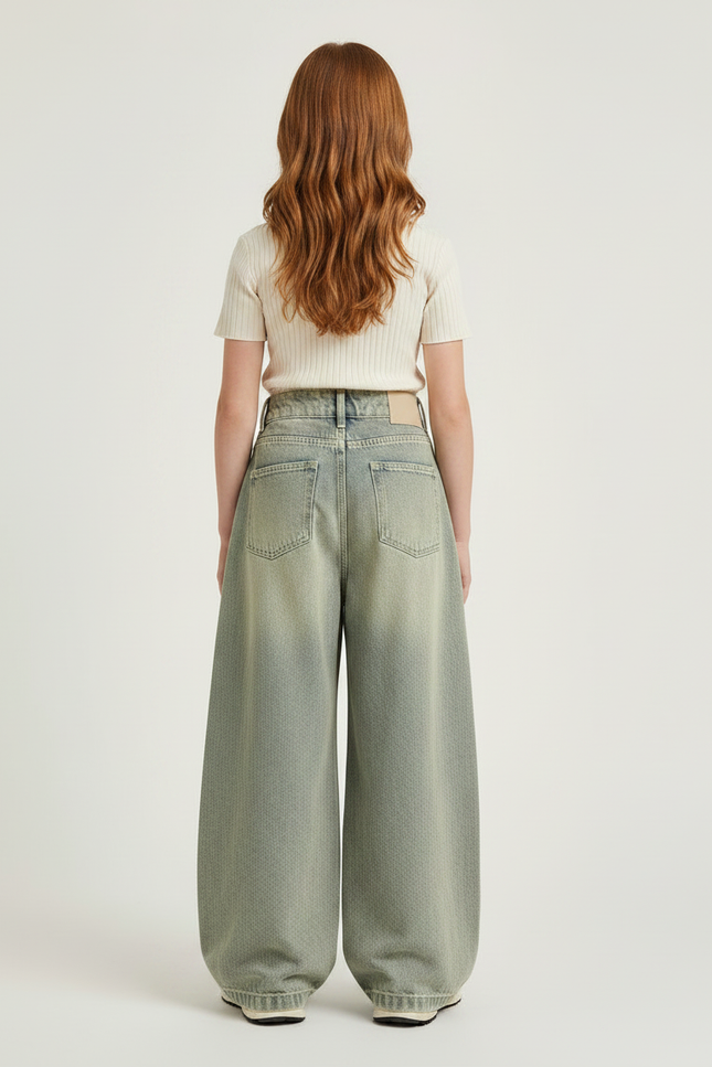 Pantalon À Pince Denim Plissé Ample Dégradé Fille - Vert Jean - vue 2
