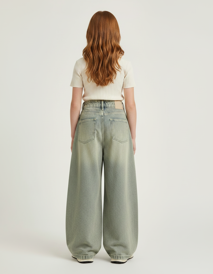 Pantalon À Pince Denim Plissé Ample Dégradé Fille - Vert Jean - vue 2
