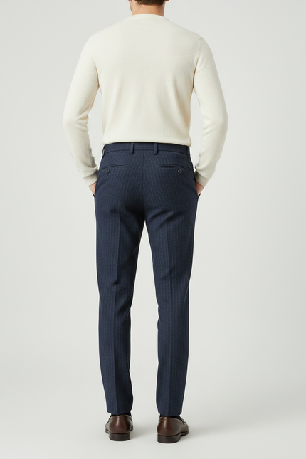 Pantalon À Pince Bleu Marine Rayé Droit Élégant Homme - Laine - vue 2
