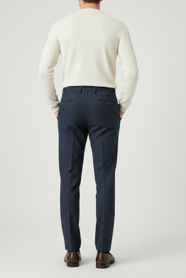 Pantalon À Pince Bleu Marine Rayé Droit Élégant Homme - Laine - vue 2