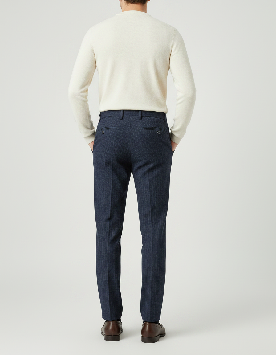 Pantalon À Pince Bleu Marine Rayé Droit Élégant Homme - Laine - vue 2