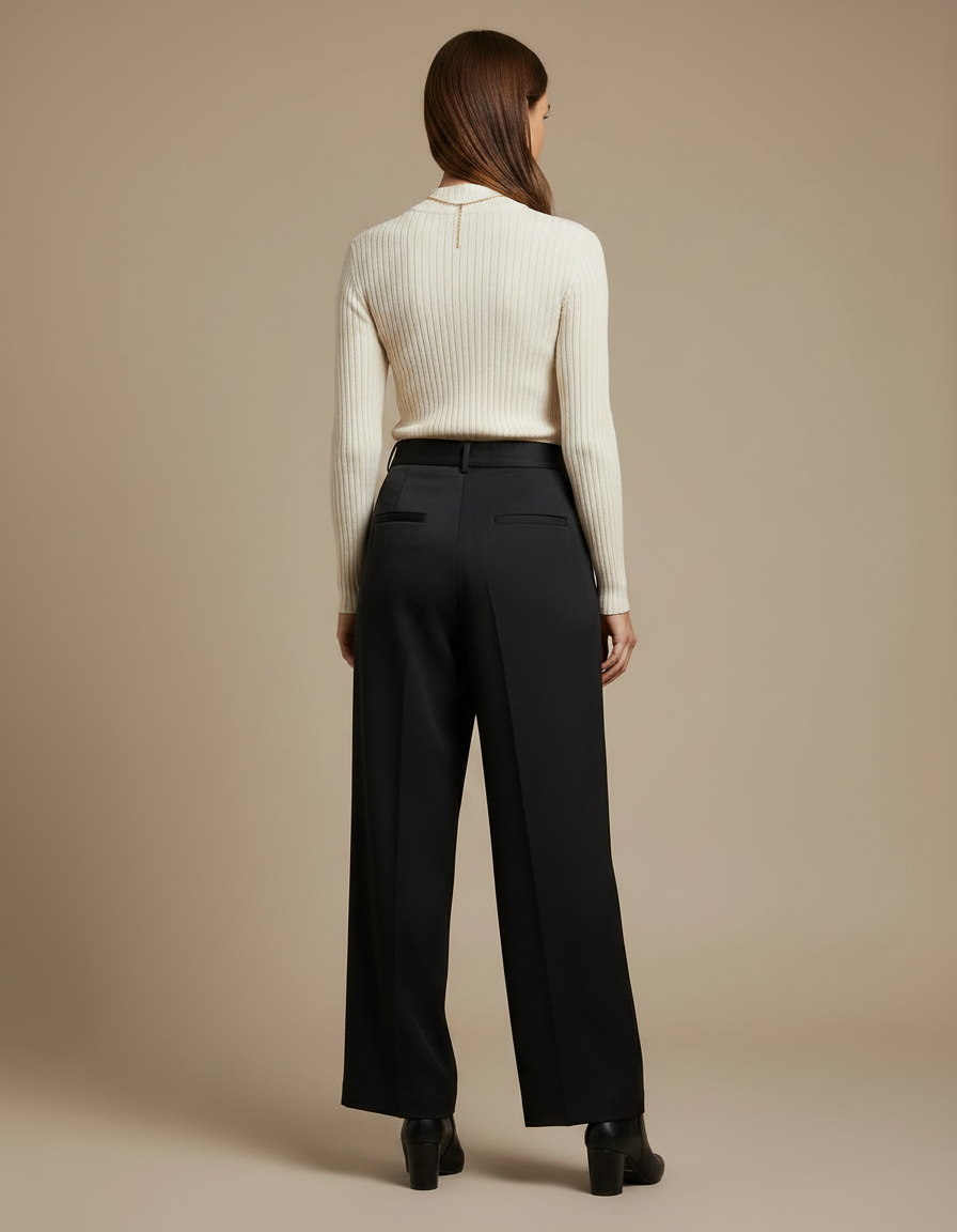 Pantalon À Pince Noir Fluide Plissé Élégant Femme - Satin - vue 2