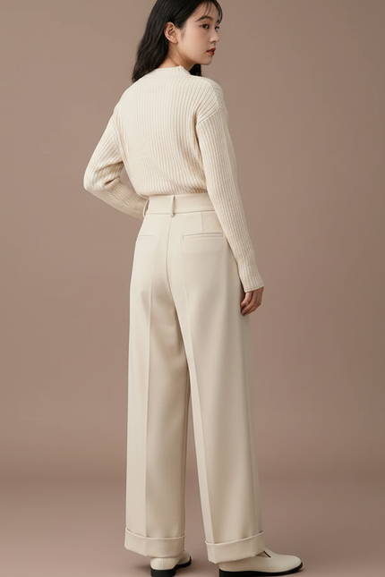 Pantalon À Pince Crème Ample Plissé Décontracté Élégant - Beige Polyester - vue 2