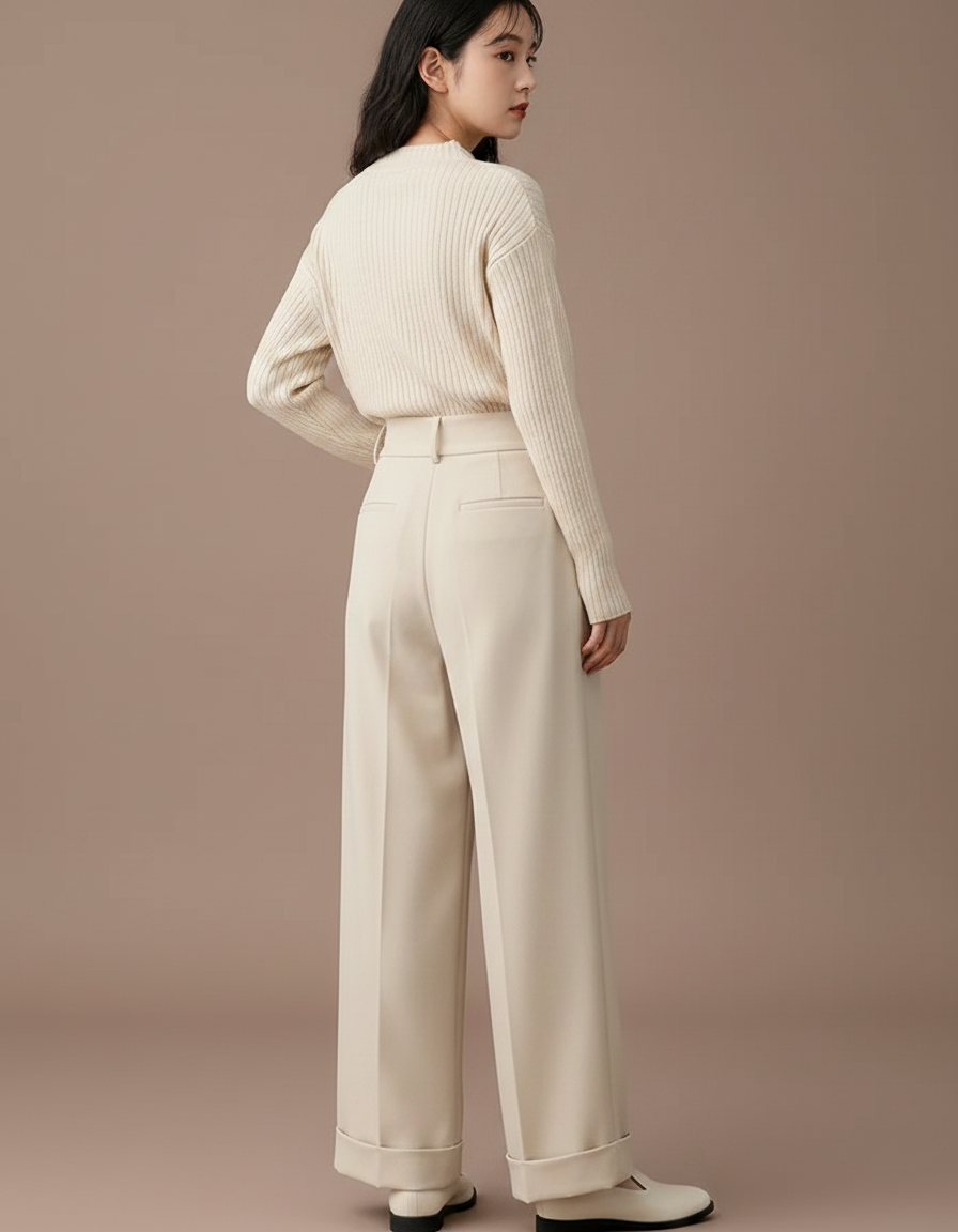Pantalon À Pince Crème Ample Plissé Décontracté Élégant - Beige Polyester - vue 2