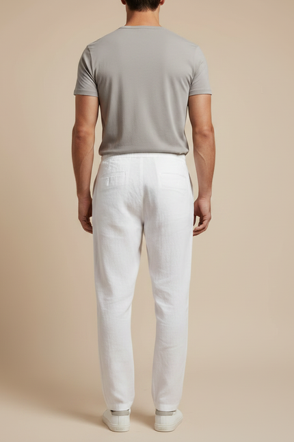 Pantalon À Pince Blanc Lin Droit Cordon Homme - vue 2