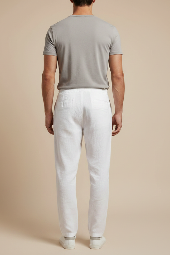 Pantalon À Pince Blanc Lin Droit Cordon Homme - vue 2