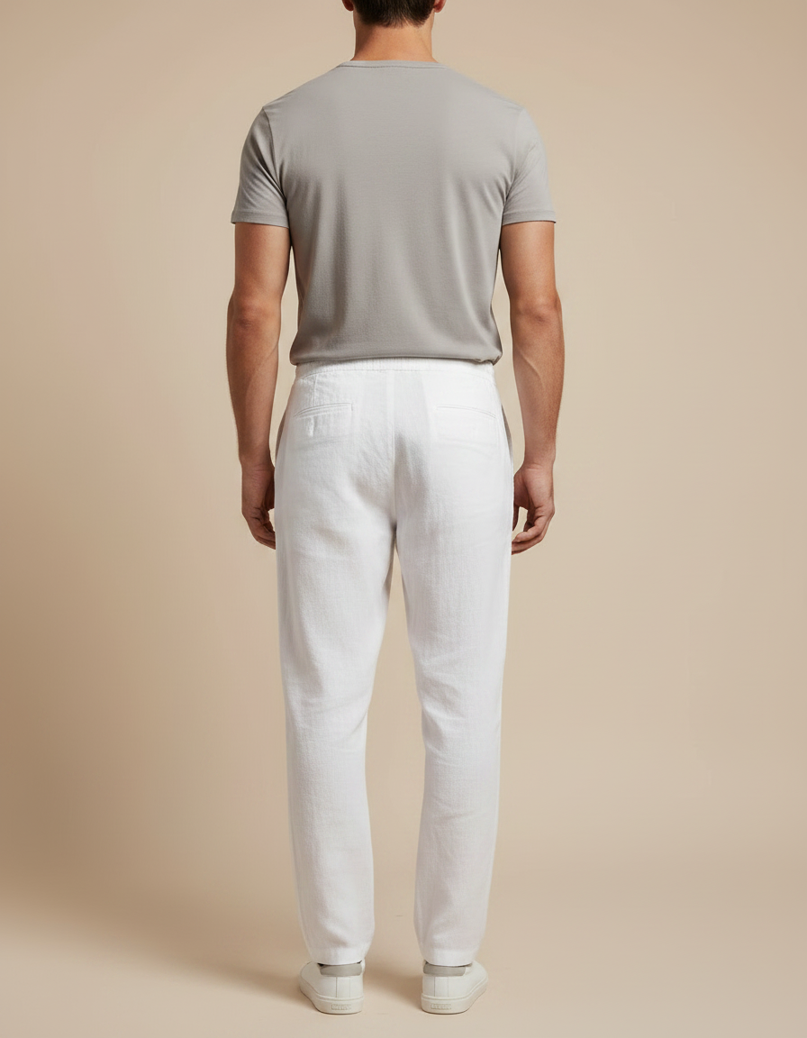 Pantalon À Pince Blanc Lin Droit Cordon Homme - vue 2