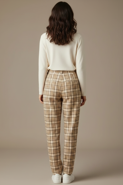 Pantalon À Pince Plaid Marron Ample Taille Haute Femme - Tweed - vue 2