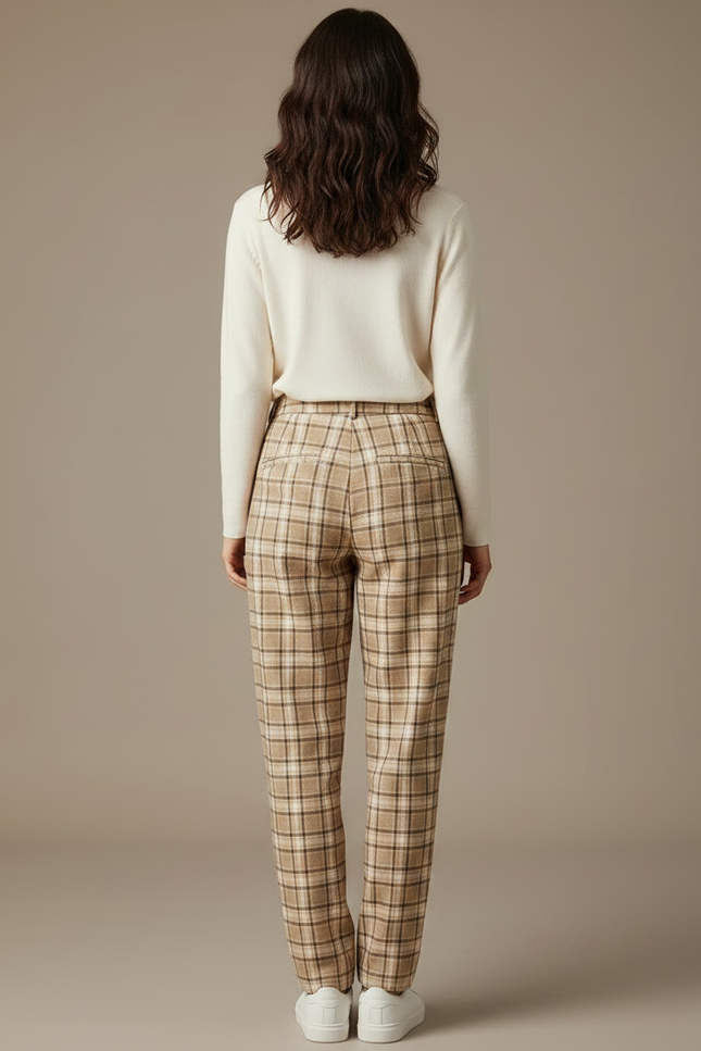 Pantalon À Pince Plaid Marron Ample Taille Haute Femme - Tweed - vue 2