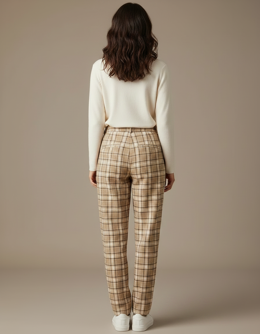 Pantalon À Pince Plaid Marron Ample Taille Haute Femme - Tweed - vue 2