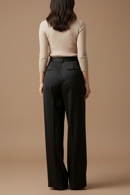 Pantalon À Pince Noir Satiné Ample Plissé Élégant - vue 2
