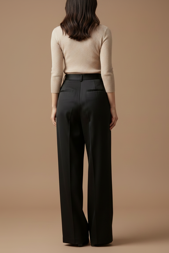 Pantalon À Pince Noir Satiné Ample Plissé Élégant - vue 2