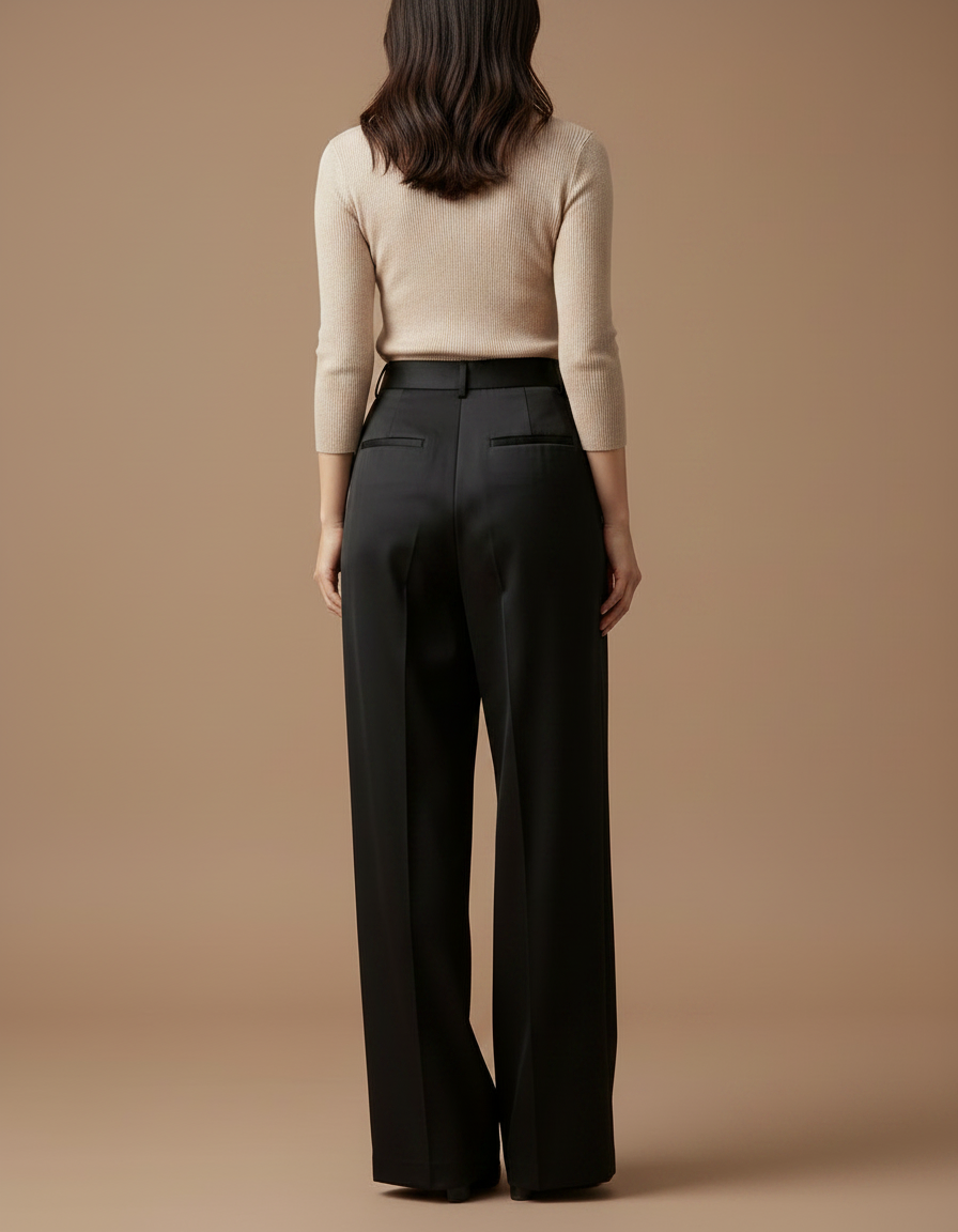 Pantalon À Pince Noir Satiné Ample Plissé Élégant - vue 2