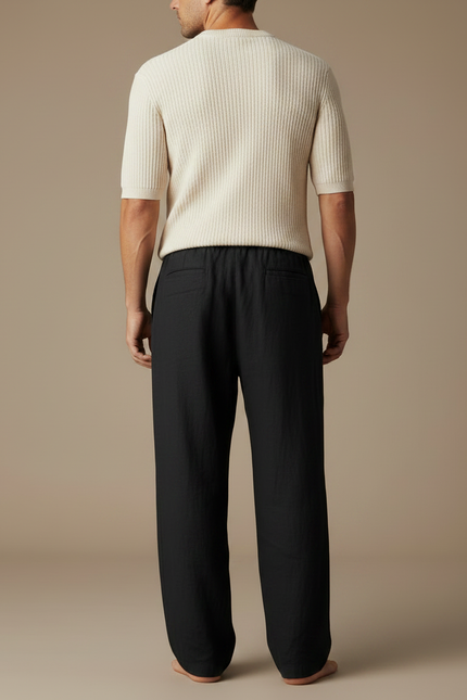 Pantalon À Pince Noir Lin Ample Décontracté Homme - vue 2