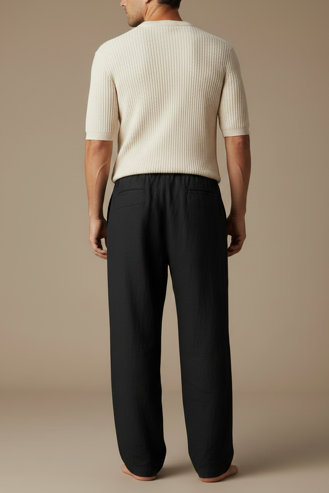 Pantalon À Pince Noir Lin Ample Décontracté Homme - vue 2