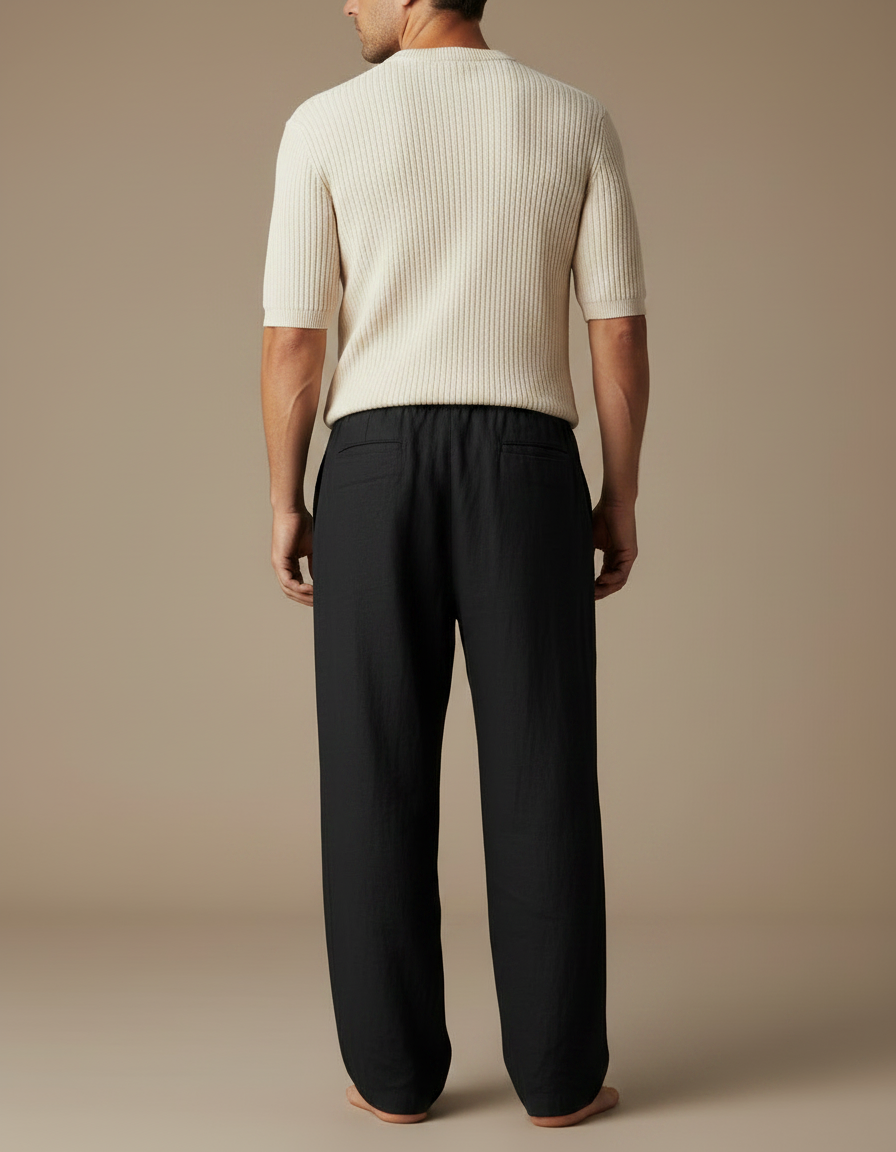 Pantalon À Pince Noir Lin Ample Décontracté Homme - vue 2