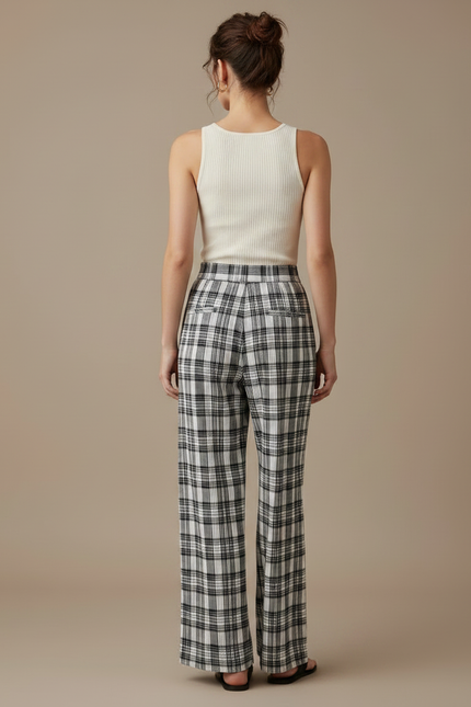 Pantalon À Pince Carreaux Noir Blanc Fluide Décontracté - Imprimé Viscose - vue 2