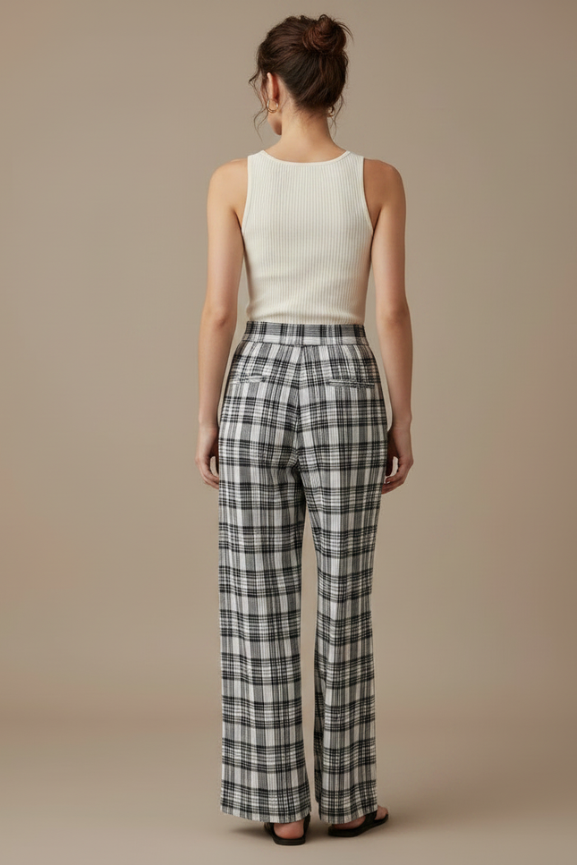 Pantalon À Pince Carreaux Noir Blanc Fluide Décontracté - Imprimé Viscose - vue 2