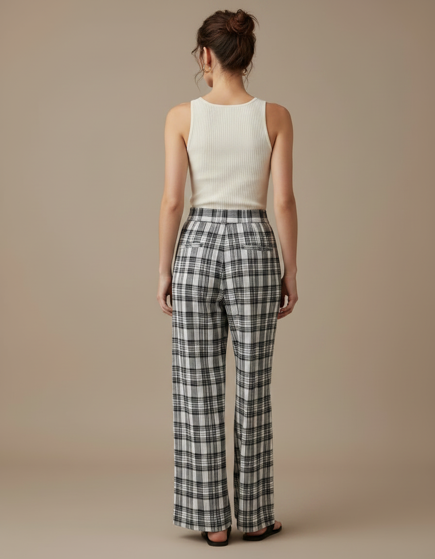 Pantalon À Pince Carreaux Noir Blanc Fluide Décontracté - Imprimé Viscose - vue 2