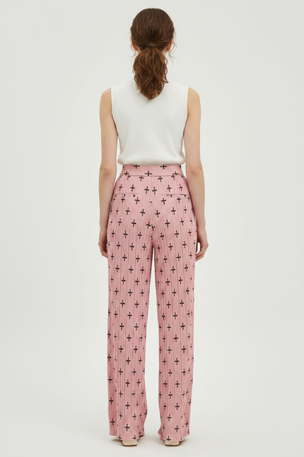 Pantalon À Pince Rose Plissé Imprimé Croix Taille Haute - Polyester - vue 2