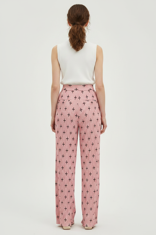 Pantalon À Pince Rose Plissé Imprimé Croix Taille Haute - Polyester - vue 2