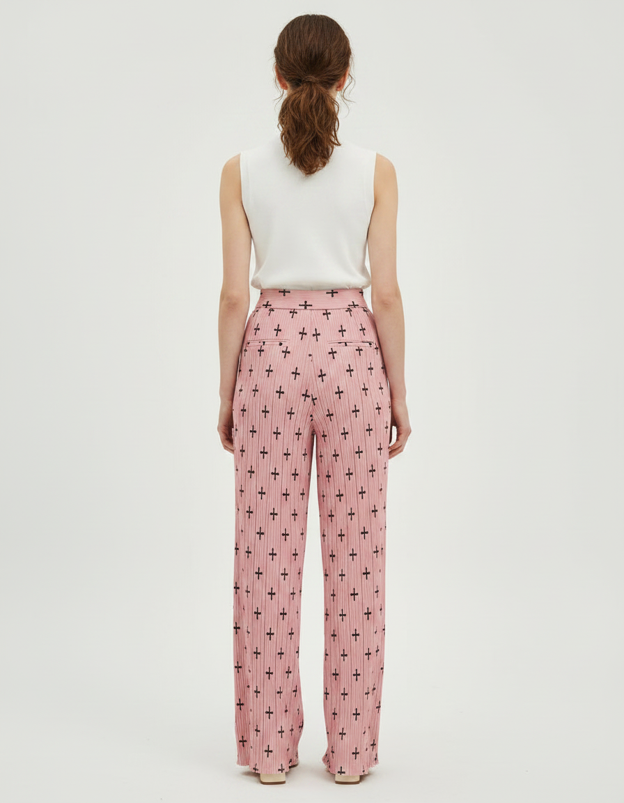 Pantalon À Pince Rose Plissé Imprimé Croix Taille Haute - Polyester - vue 2