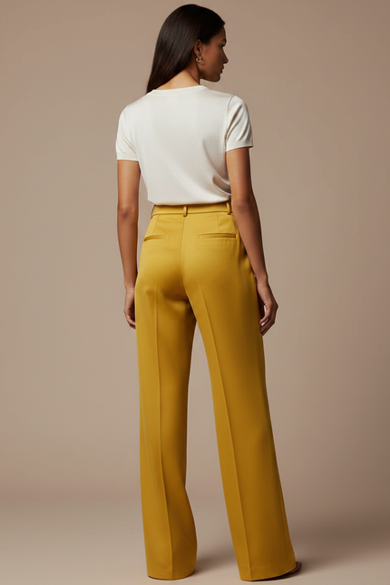 Pantalon À Pince Jaune Ample Fluide Élégant Femme - Satin - vue 2