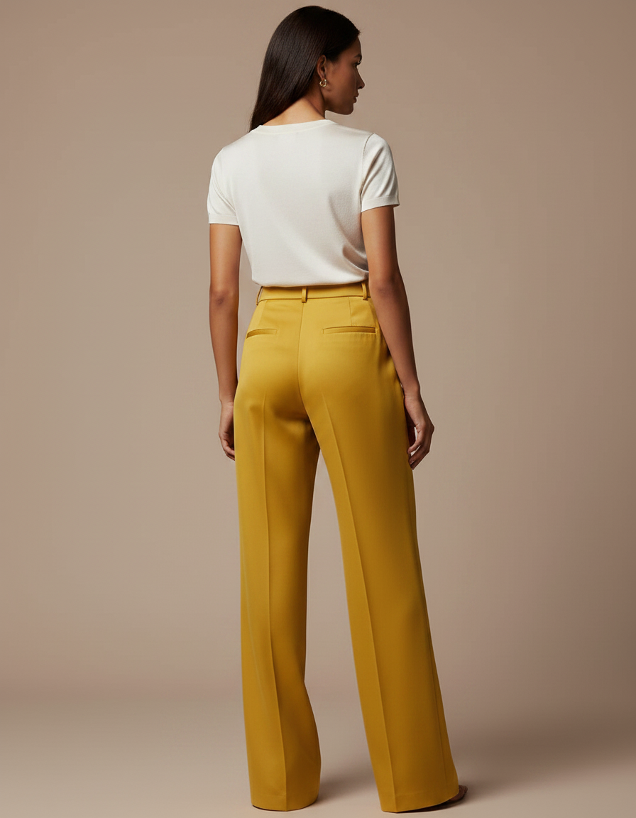 Pantalon À Pince Jaune Ample Fluide Élégant Femme - Satin - vue 2